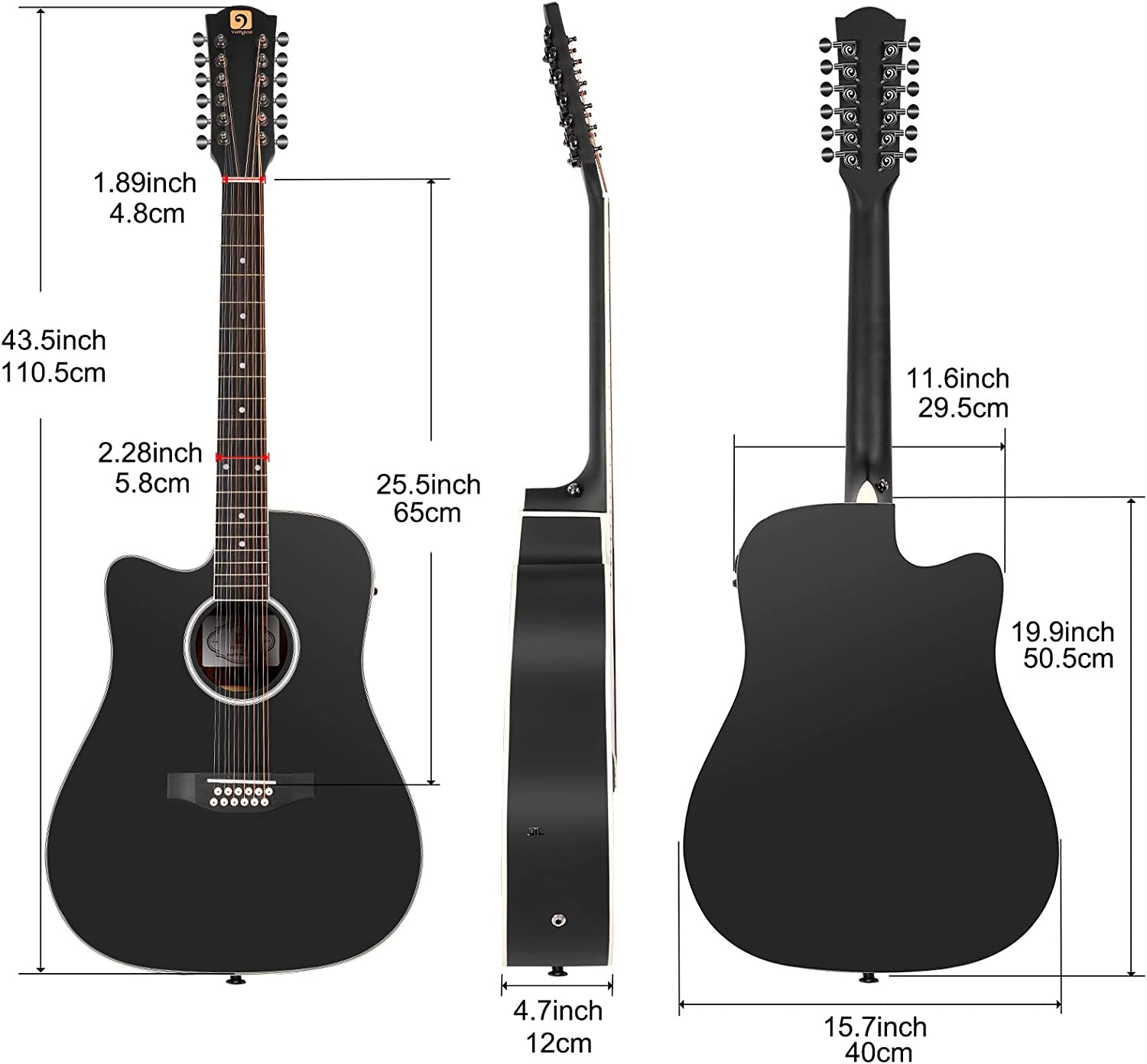 Vangoa LEFT HANDED 12 String Guitar Acoustic electric 42 Inch Spruce Top Sapele Body