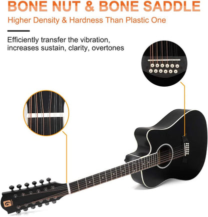 Vangoa VGE12-2 12 String Guitar, Acoustic Electric Cutaway Guitar, Black