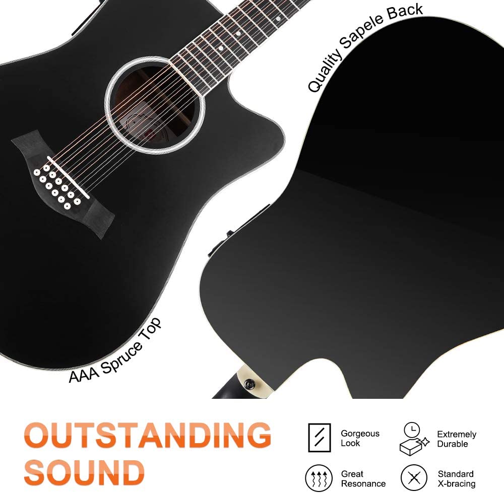 Vangoa VGE12-2 12 String Guitar, Acoustic Electric Cutaway Guitar, Black
