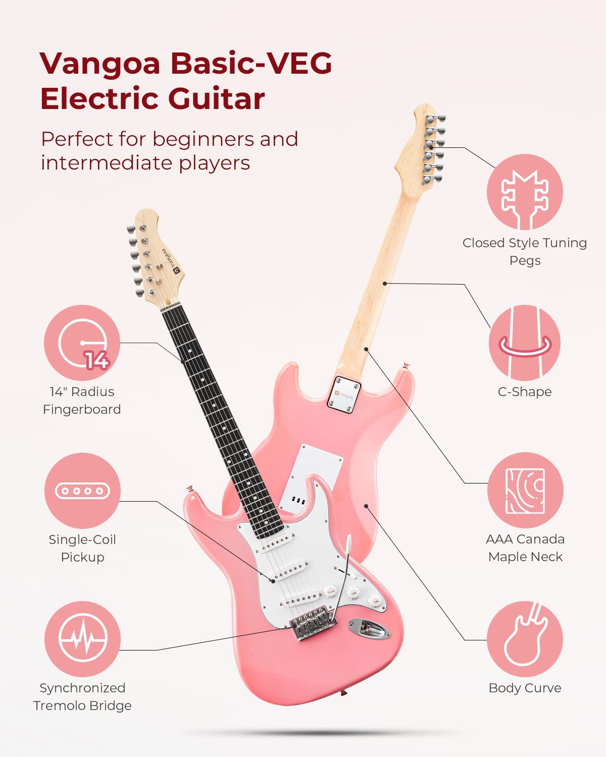 Vangoa VEG-2 39 Inch Full Size Electric Guitar Beginner Starter Kit Pink with Amplifier Pink