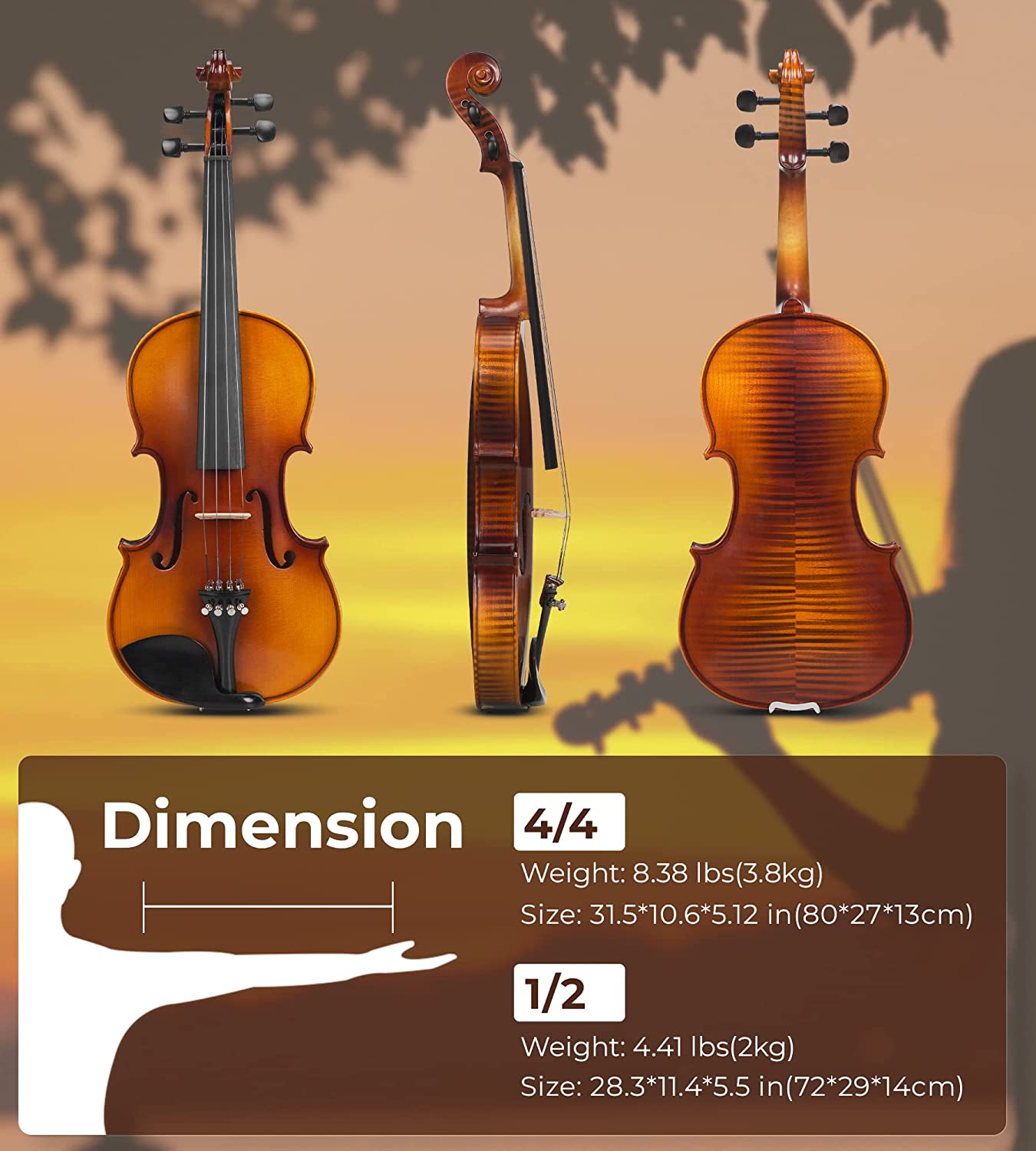 Violon en bois massif Vangoa VA400, 4/4, taille réelle, dos unique en érable flammé 