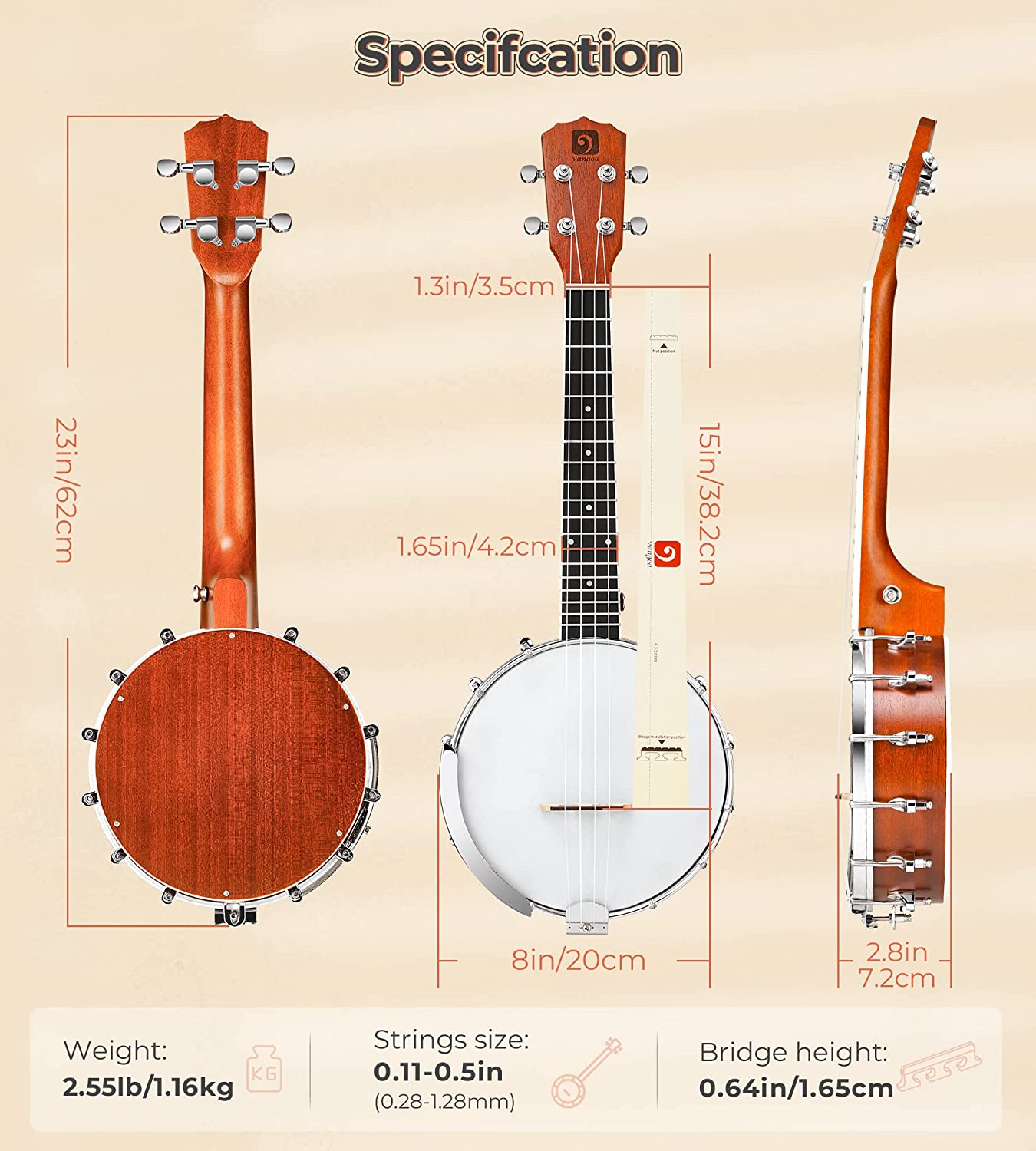 Vangoa VBU-20 Banjo Ukulele Concert 23 Inch 4 String Banjolele with Armrest
