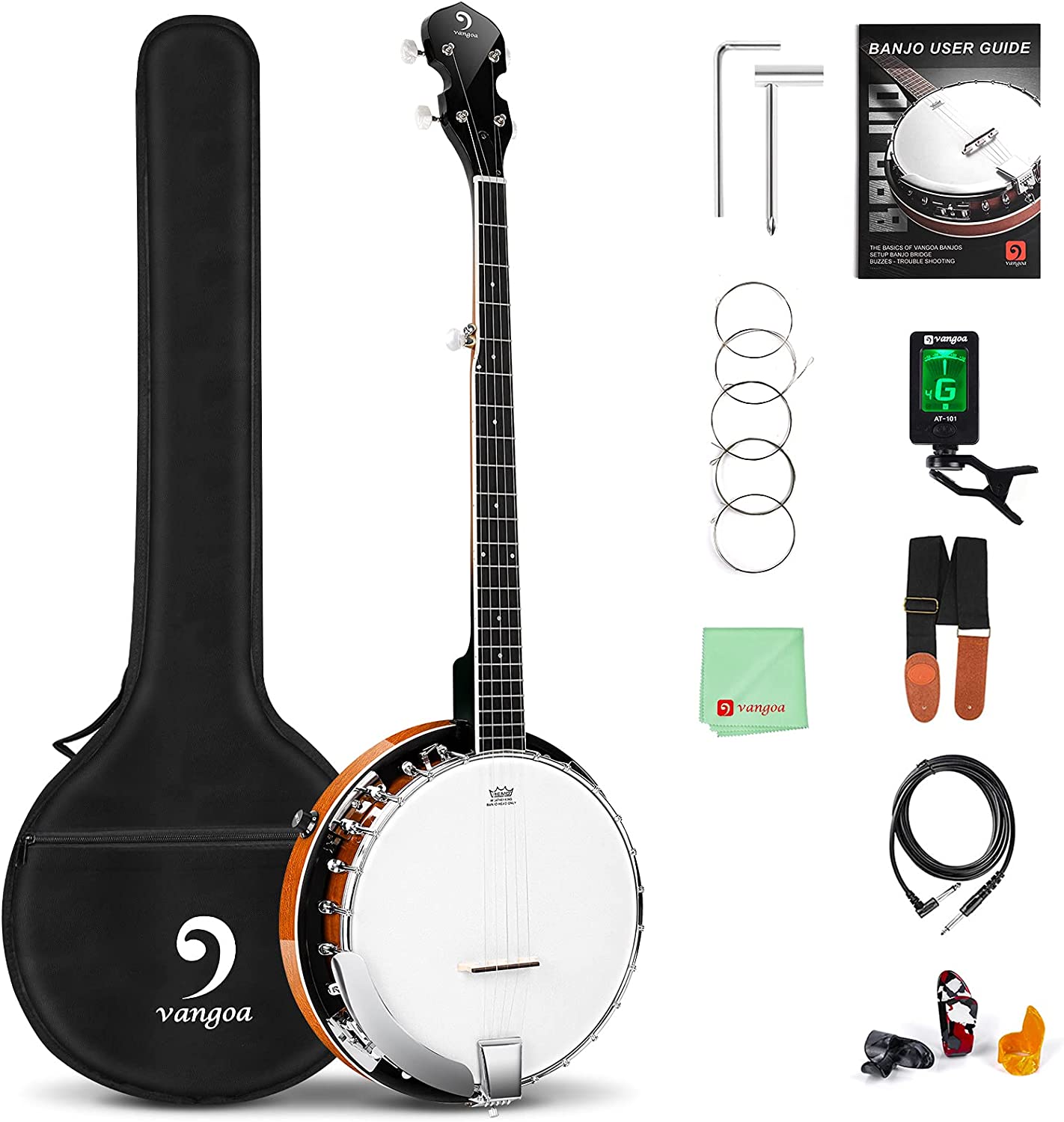 Vangoa VBJ-4E Acoustic Electric Banjo 5 String Full Size 24 Brackets with Geared 5th Pegs for Beginners Adults