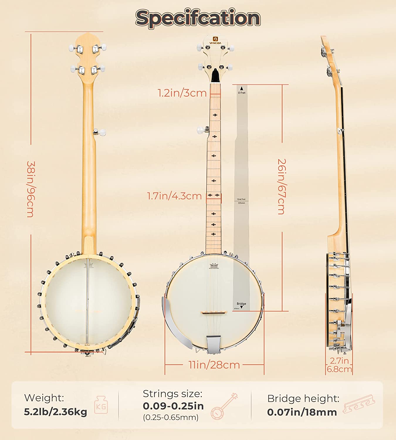 Vangoa Banjo Open Back 5 String Full size