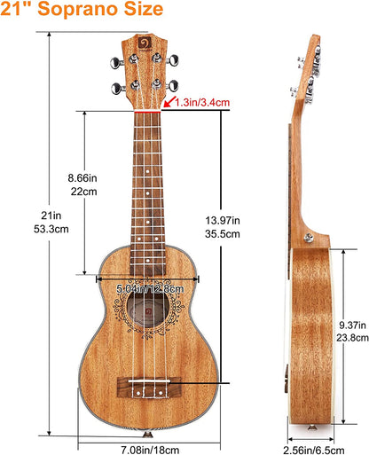 Kit de démarrage pour ukulélé soprano Vangoa VU401 en acajou, 21 pouces, quatre cordes 