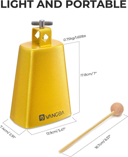 Vangoa 7 Inch Cow Bell With Mallet Beater Sticks Gold
