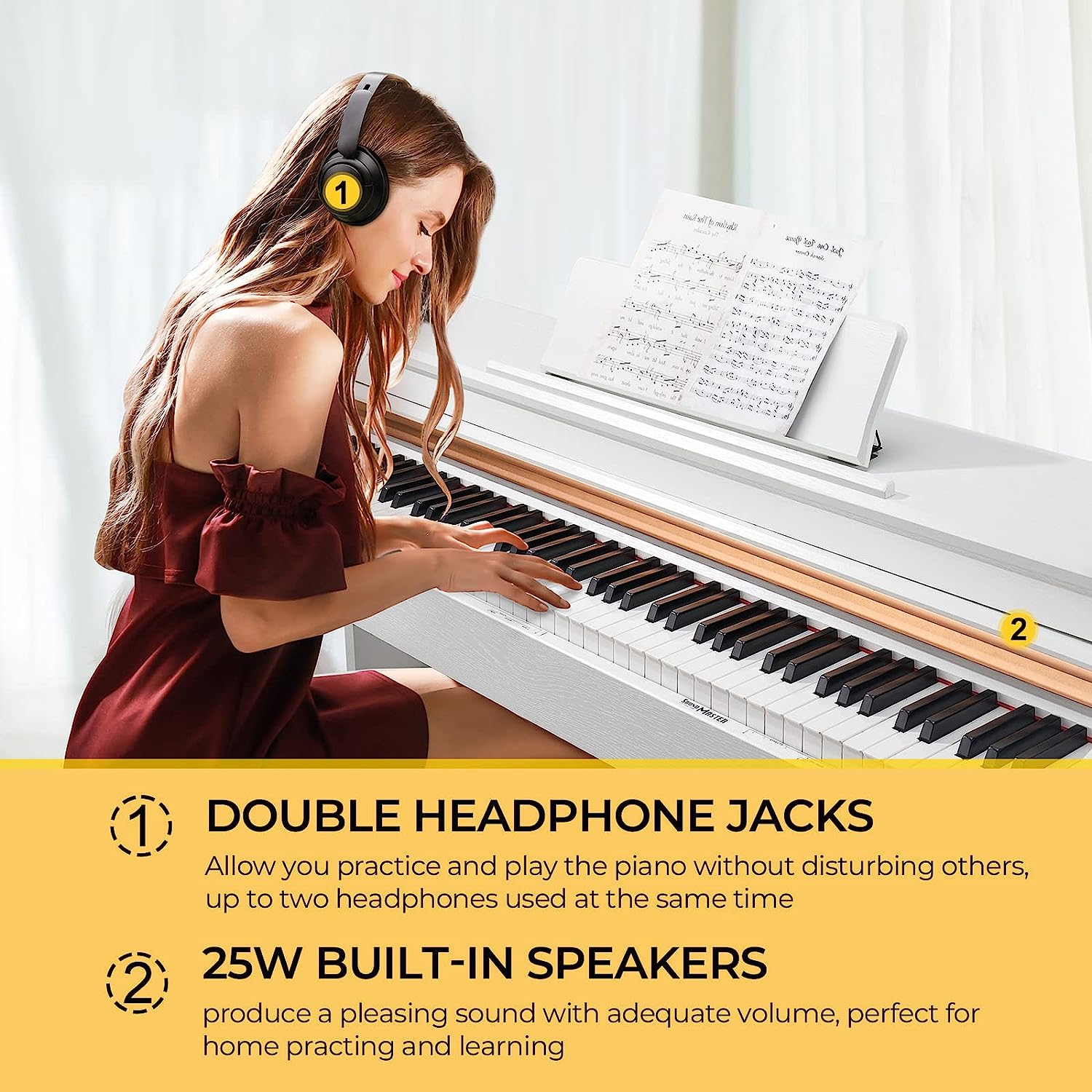 Vangoa VDP-H200 88 Key Weighted Digital Piano with Furniture Stand, Slide Key Cover White