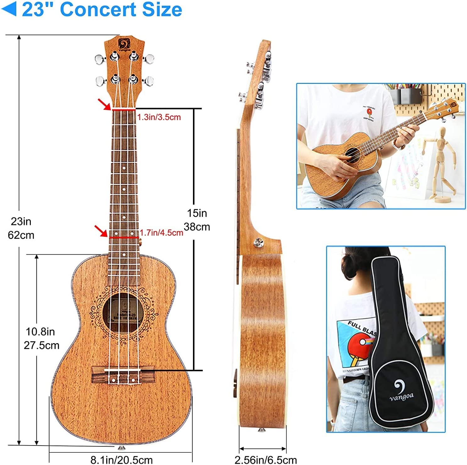 Kit de démarrage pour ukulélé de concert Vangoa avec égaliseur 23 pouces 