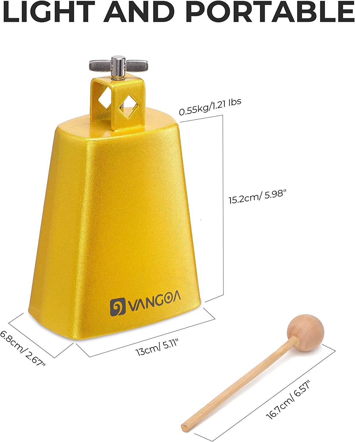 Vangoa 6 Inch Cow Bell With Mallet Beater Sticks Gold