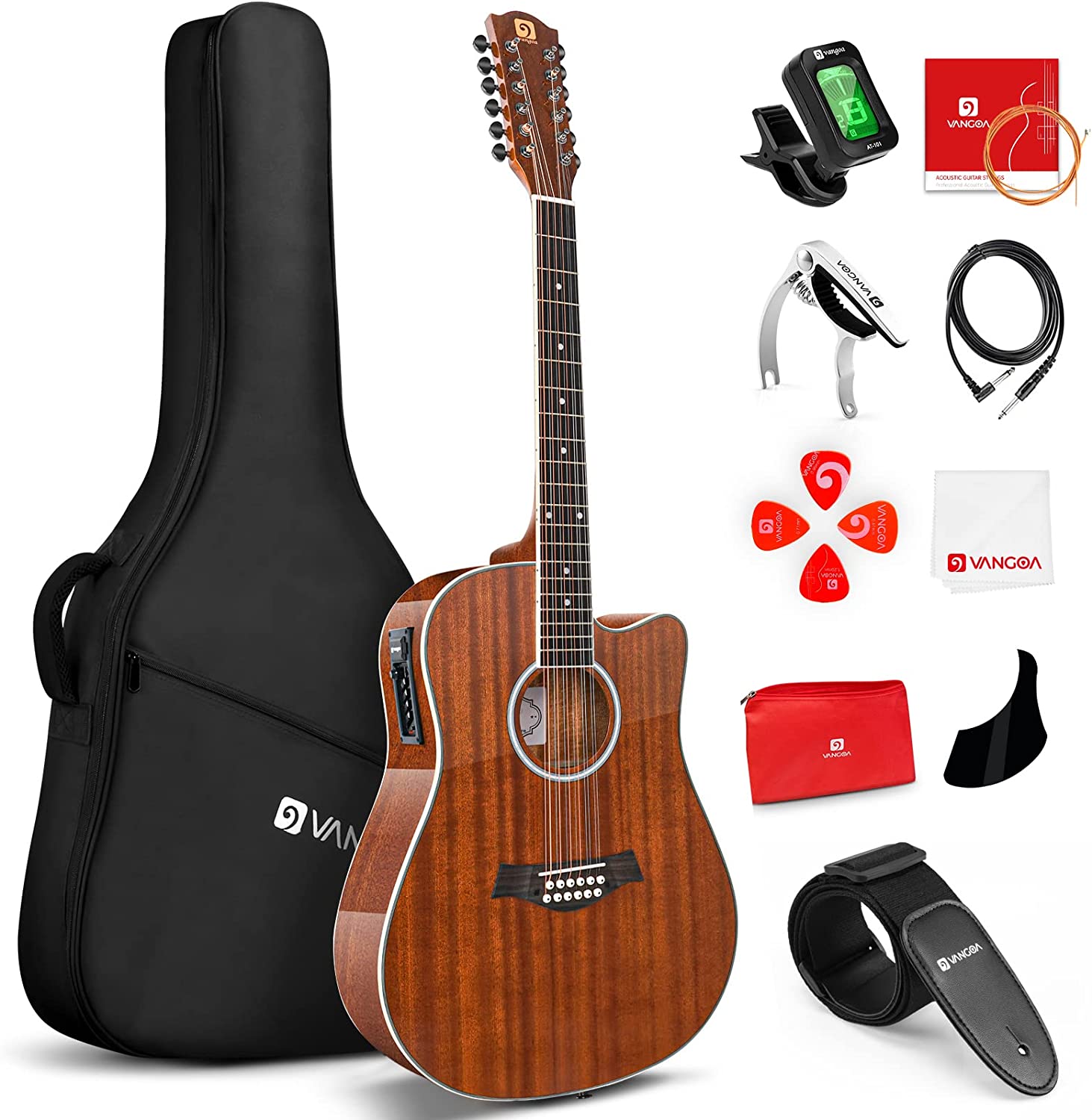 Vangoa VGE12-3 12 String Acoustic-electric Guitar Dreadnought Cutaway Sapele Body Natural Gloss