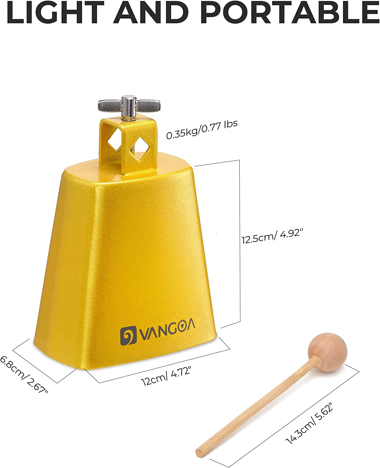 Vangoa 5 Inch Cow Bell With Mallet Beater Sticks Gold
