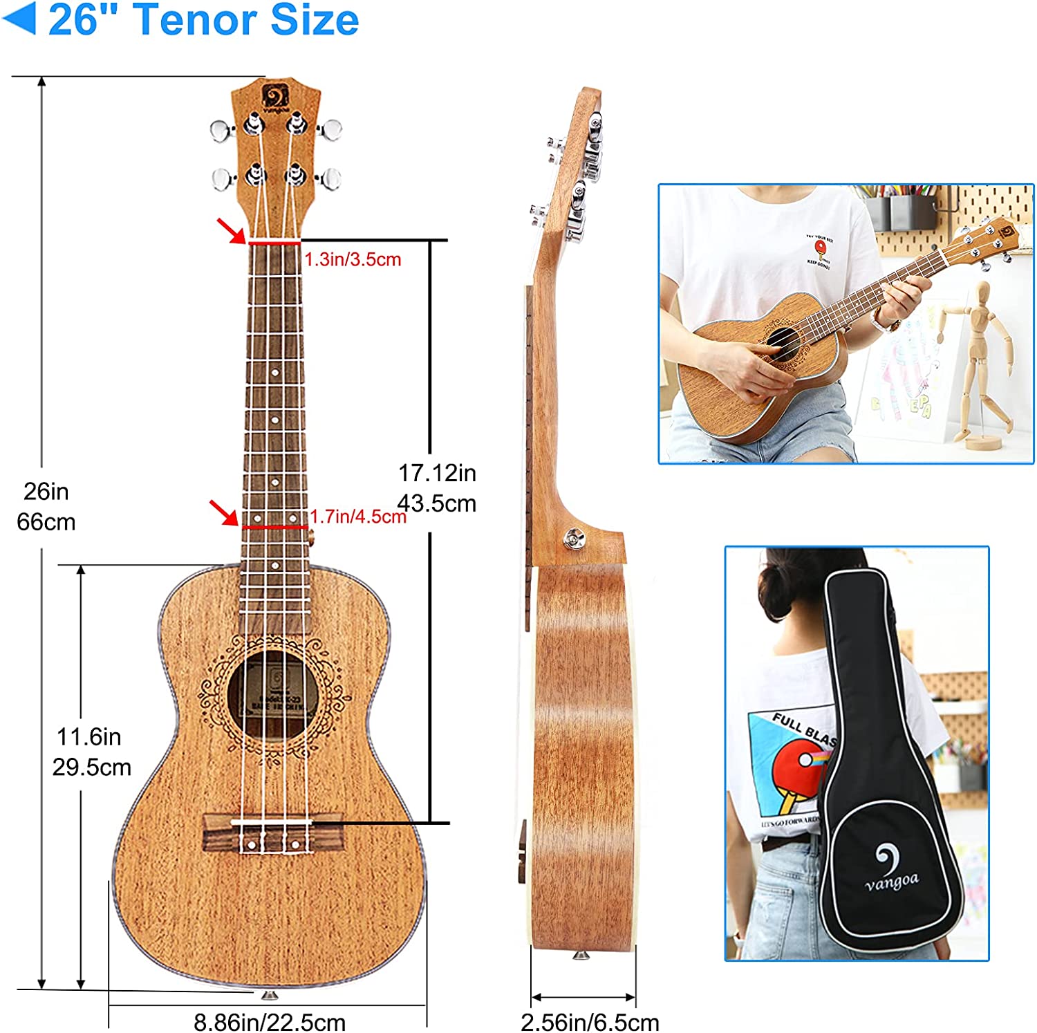 available on Amazon Vangoa VU406 CE Tenor Ukulele 26 inch with Equal