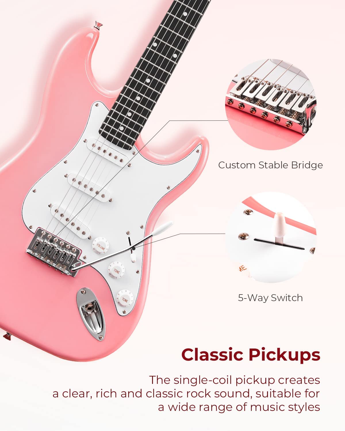 Vangoa VEG-2 39 Inch Full Size Electric Guitar Beginner Starter Kit Pink with Amplifier Pink
