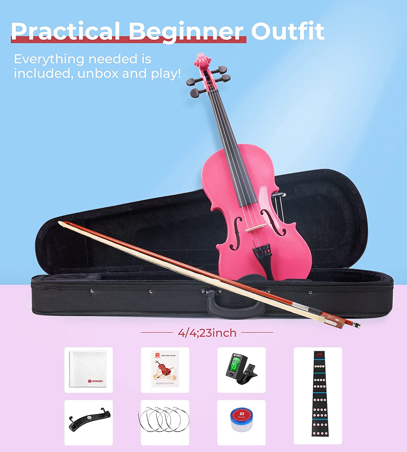 Vangoa Pink Violin Set 4/4 Full Size Acoustic Violin Fiddle for Beginners
