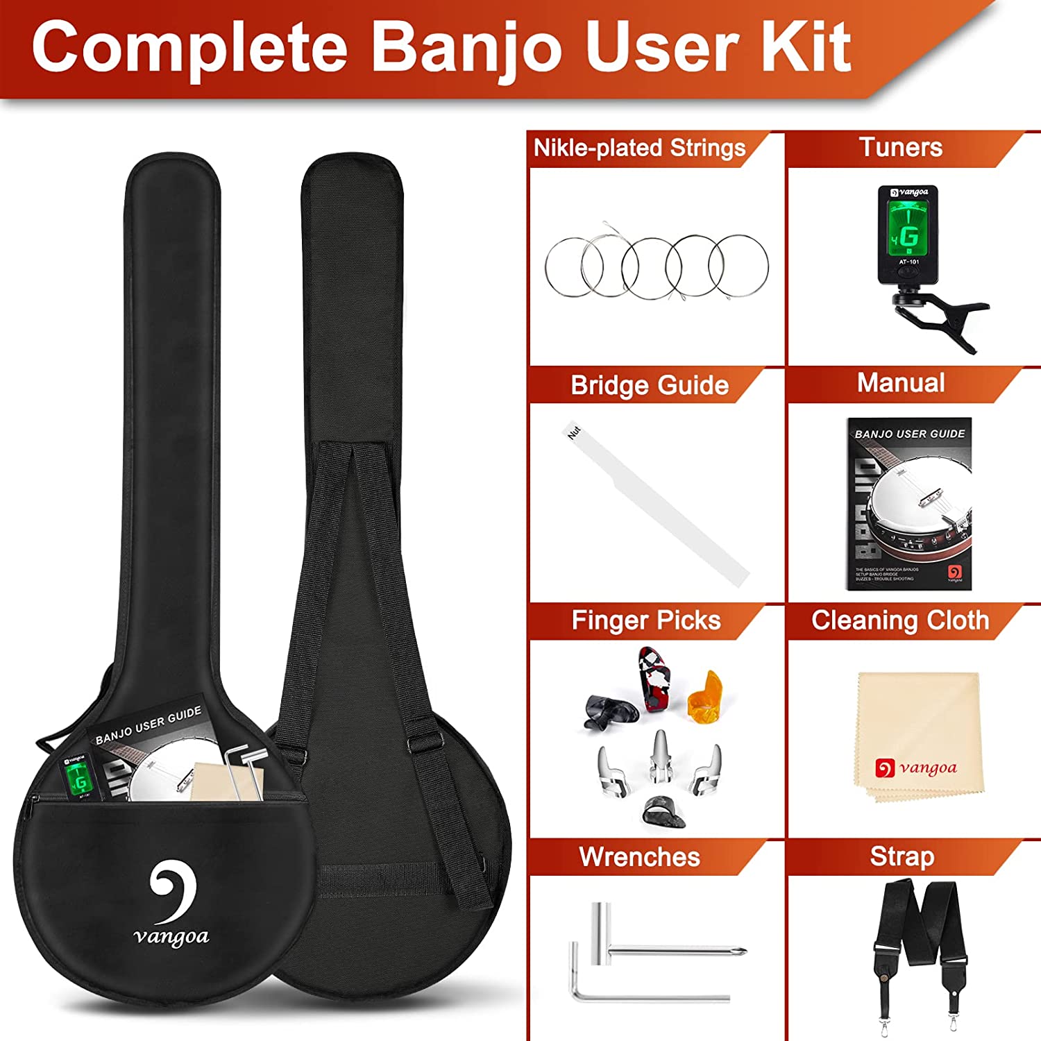 Vangoa Banjo 5 String Full Size 38 In