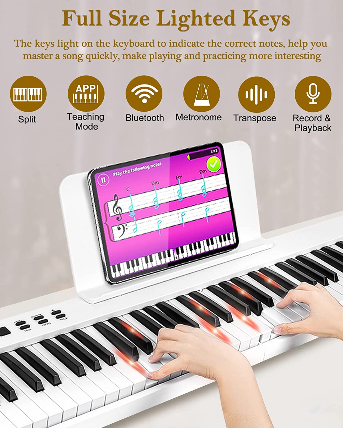 Vangoa VGD882 Piano numérique pliable Bluetooth 88 touches avec touches lumineuses, clavier semi-lesté, rechargeable, portable, blanc 