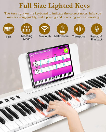 Vangoa VGD882 Piano numérique pliable Bluetooth 88 touches avec touches lumineuses, clavier semi-lesté, rechargeable, portable, blanc 