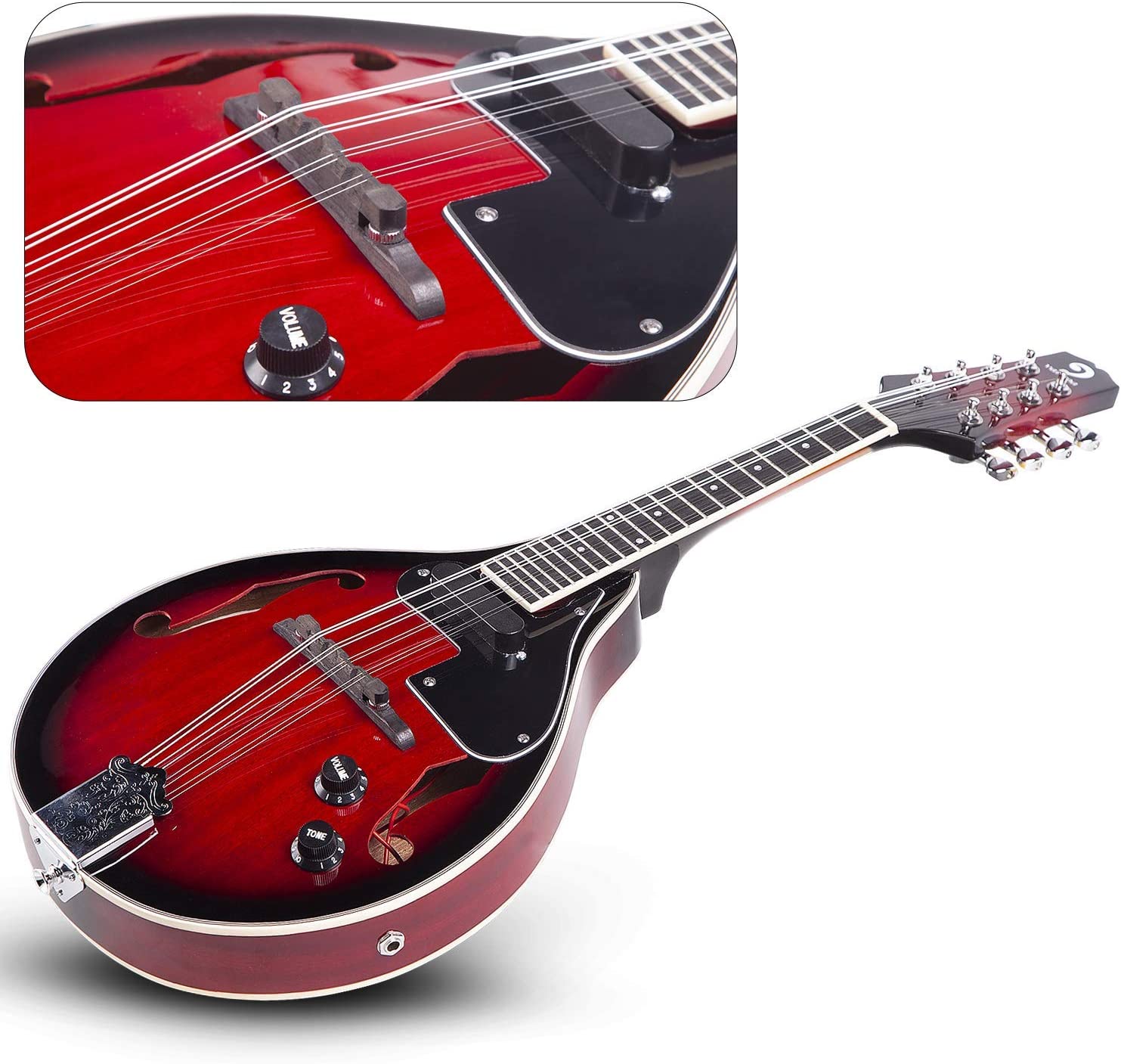 Vangoa A-Stil Akustisches elektrisches Mandoline-Musikinstrument 8 Saiten Rot Sunburst 