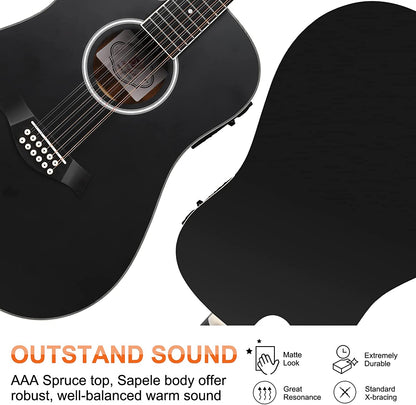 Vangoa LEFT HANDED 12 String Guitar Acoustic electric 42 Inch Spruce Top Sapele Body