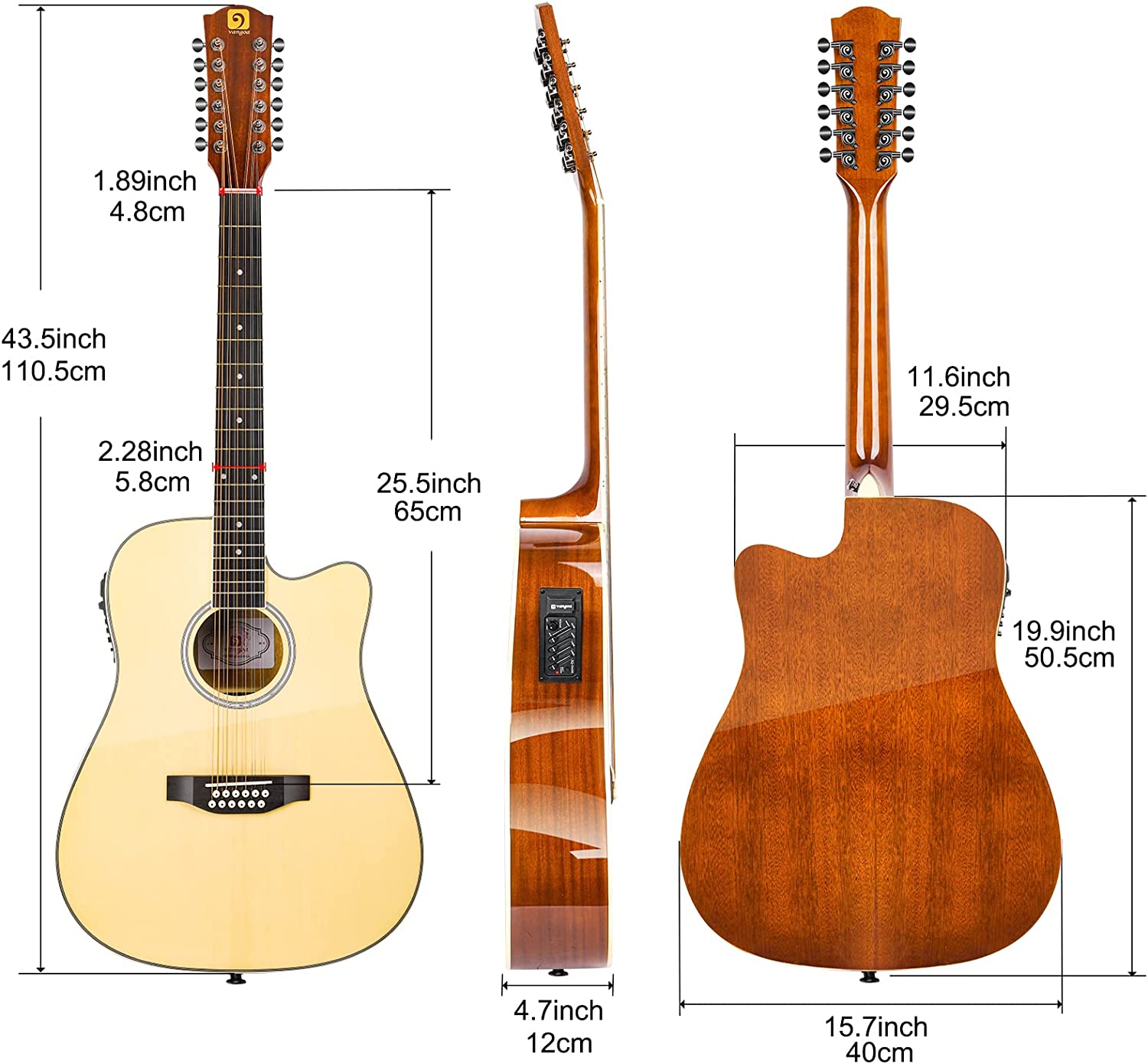Vangoa 12 String Acoustic Electric Guitar Natural