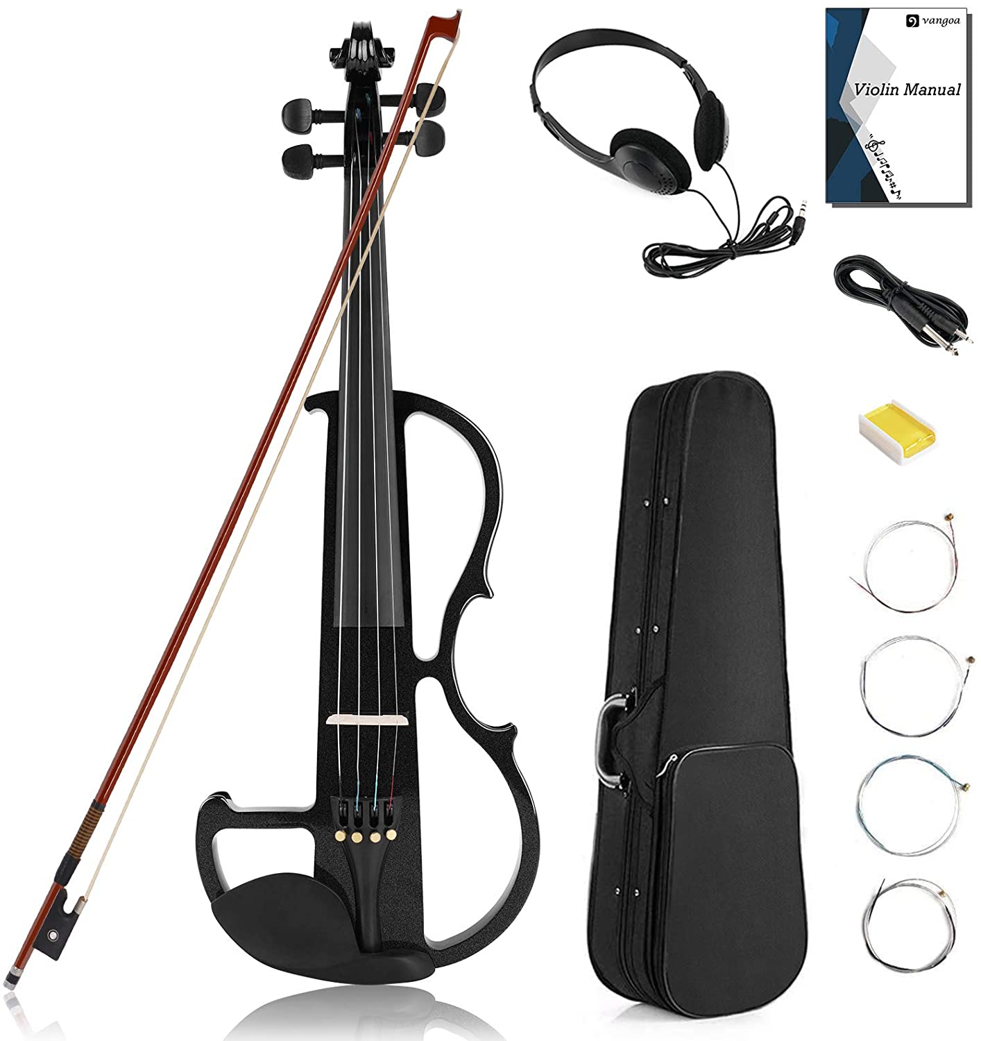 Vangoa Silent Electric Violin Full Size 4/4 mit Ebenholzbeschlägen, Schwarz 