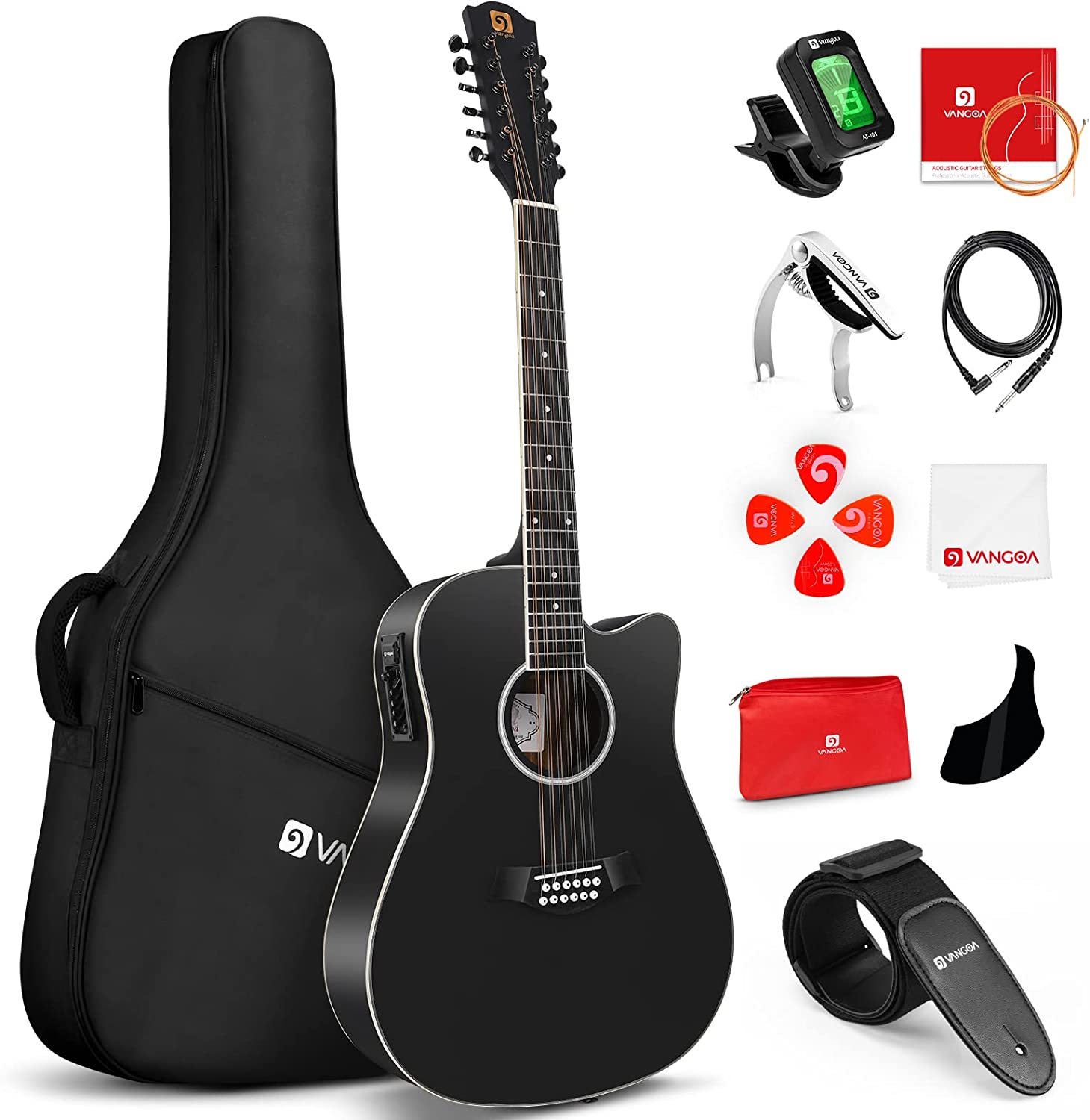 Vangoa VGE12-2 12 String Guitar, Acoustic Electric Cutaway Guitar, Black