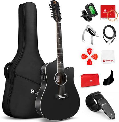 Vangoa VGE12-2 12 String Guitar, Acoustic Electric Cutaway Guitar, Black