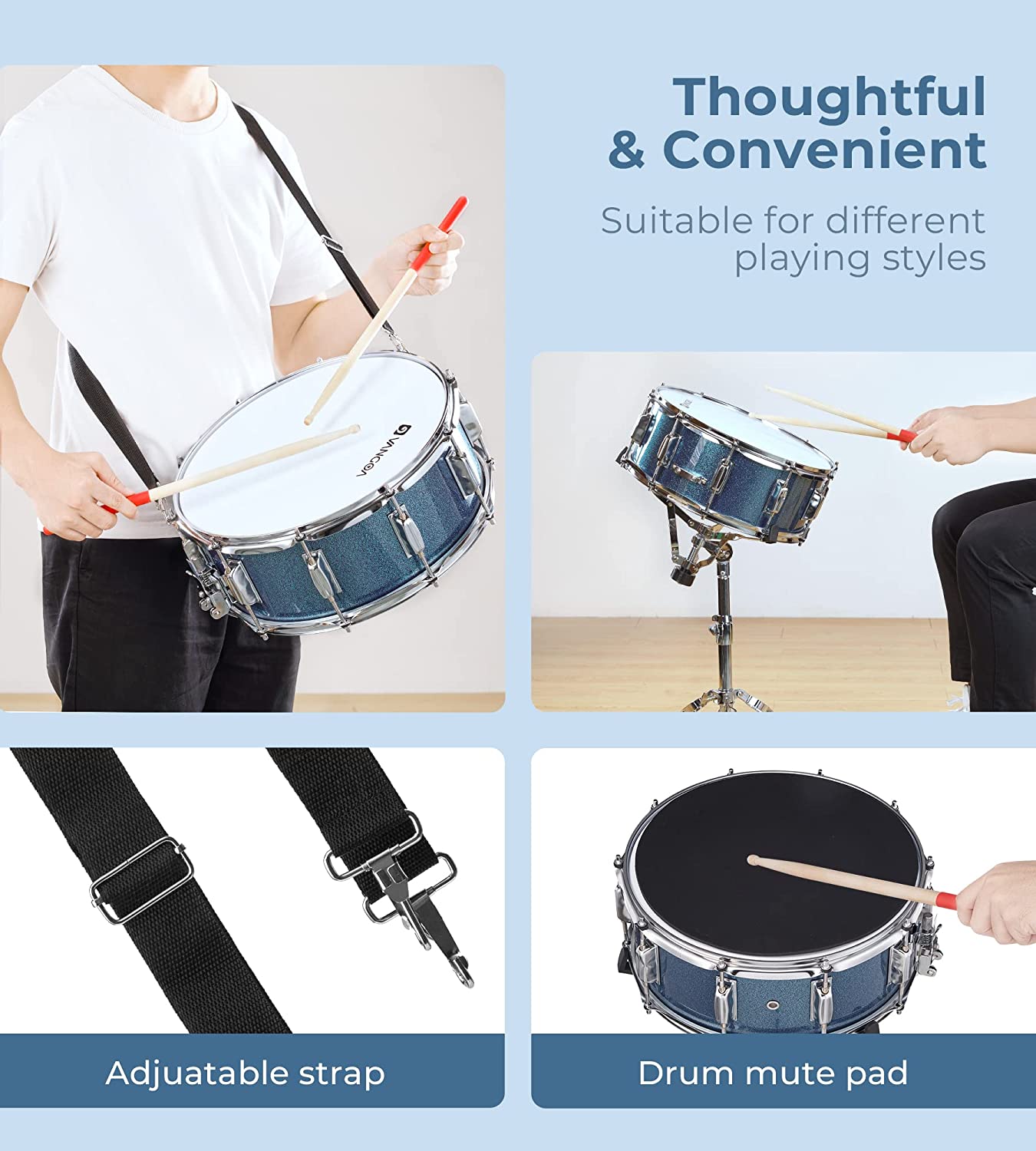Vangoa Blue Snare Drum Set with Stand for Student 14 X 5.5