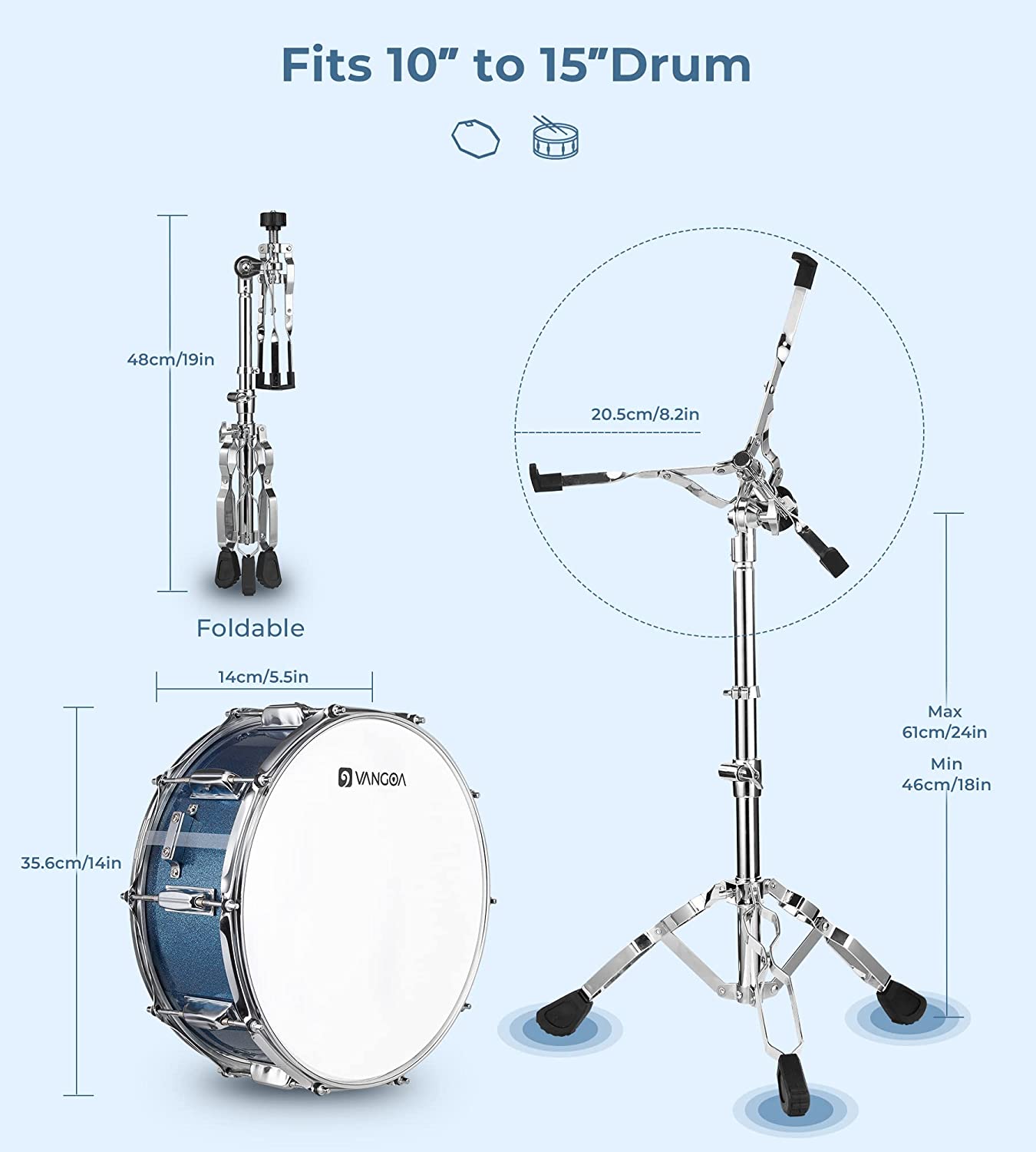 Vangoa Blue Snare Drum Set with Stand for Student 14"X 5.5"