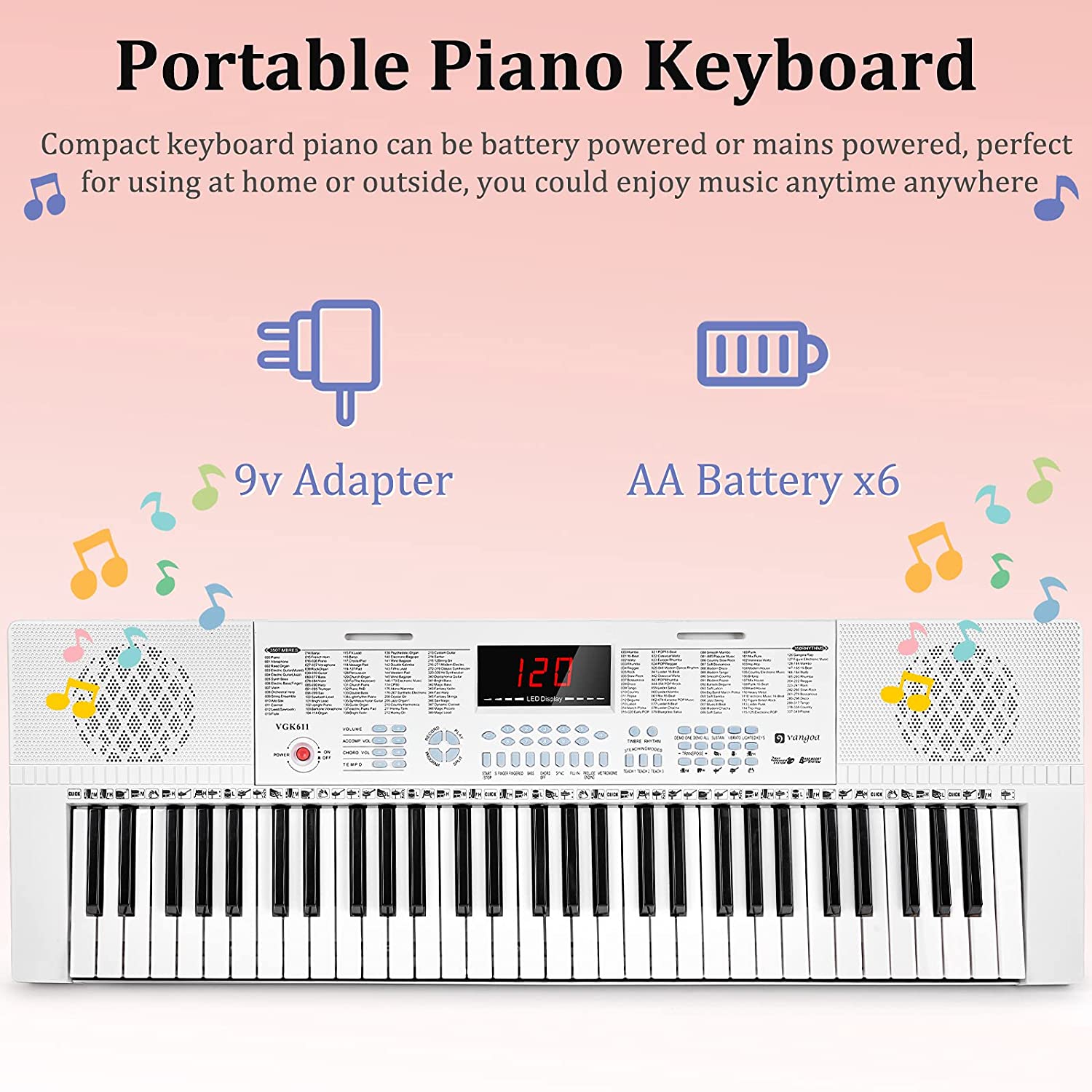 Vangoa VGK611 Piano Keyboard with Mini Lighted Keys for Beginner Kids Boy Girl White