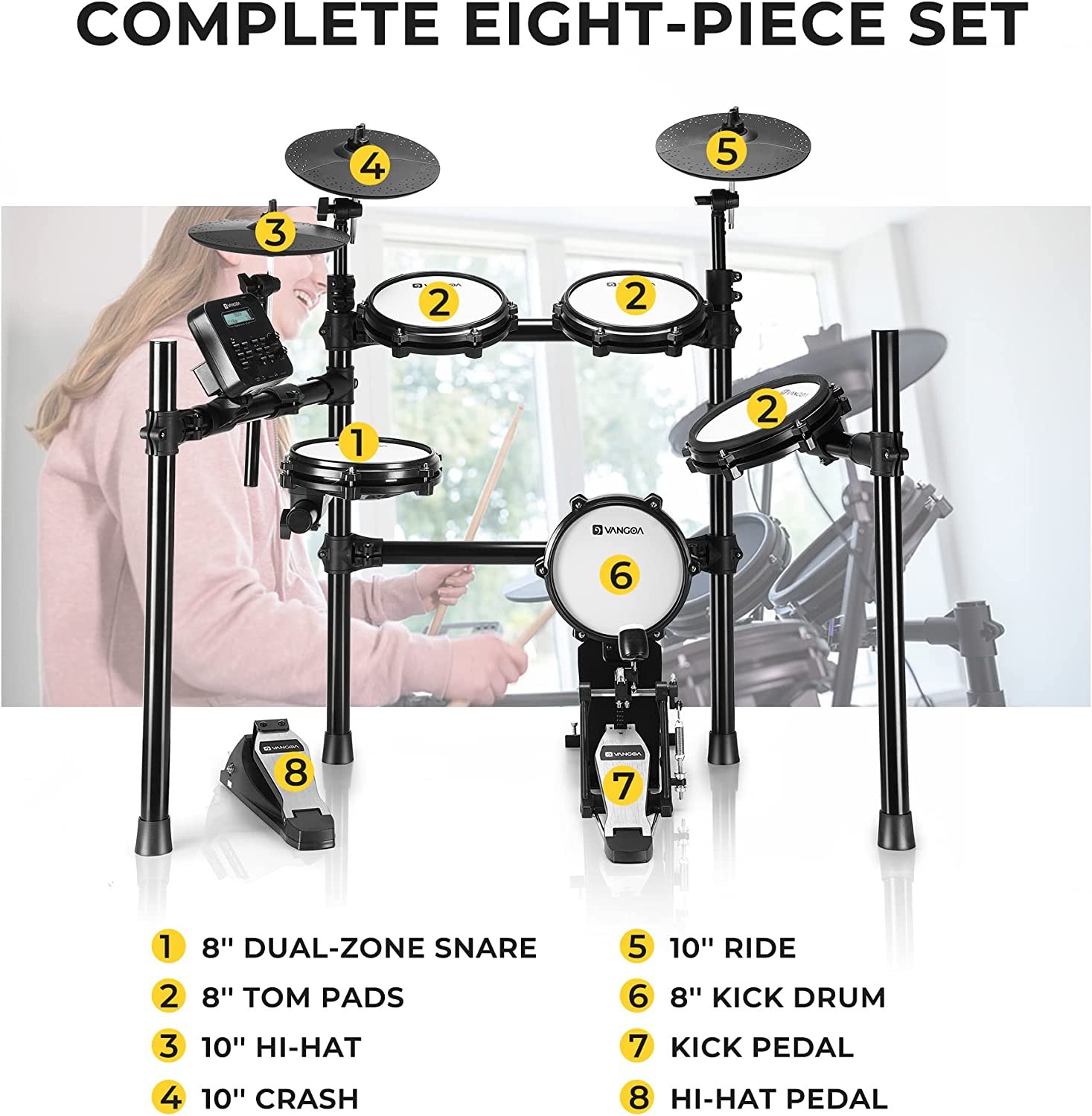 Vangoa VED-A200 8 Piece Electronic Drum Set for Beginner with 480 Sounds