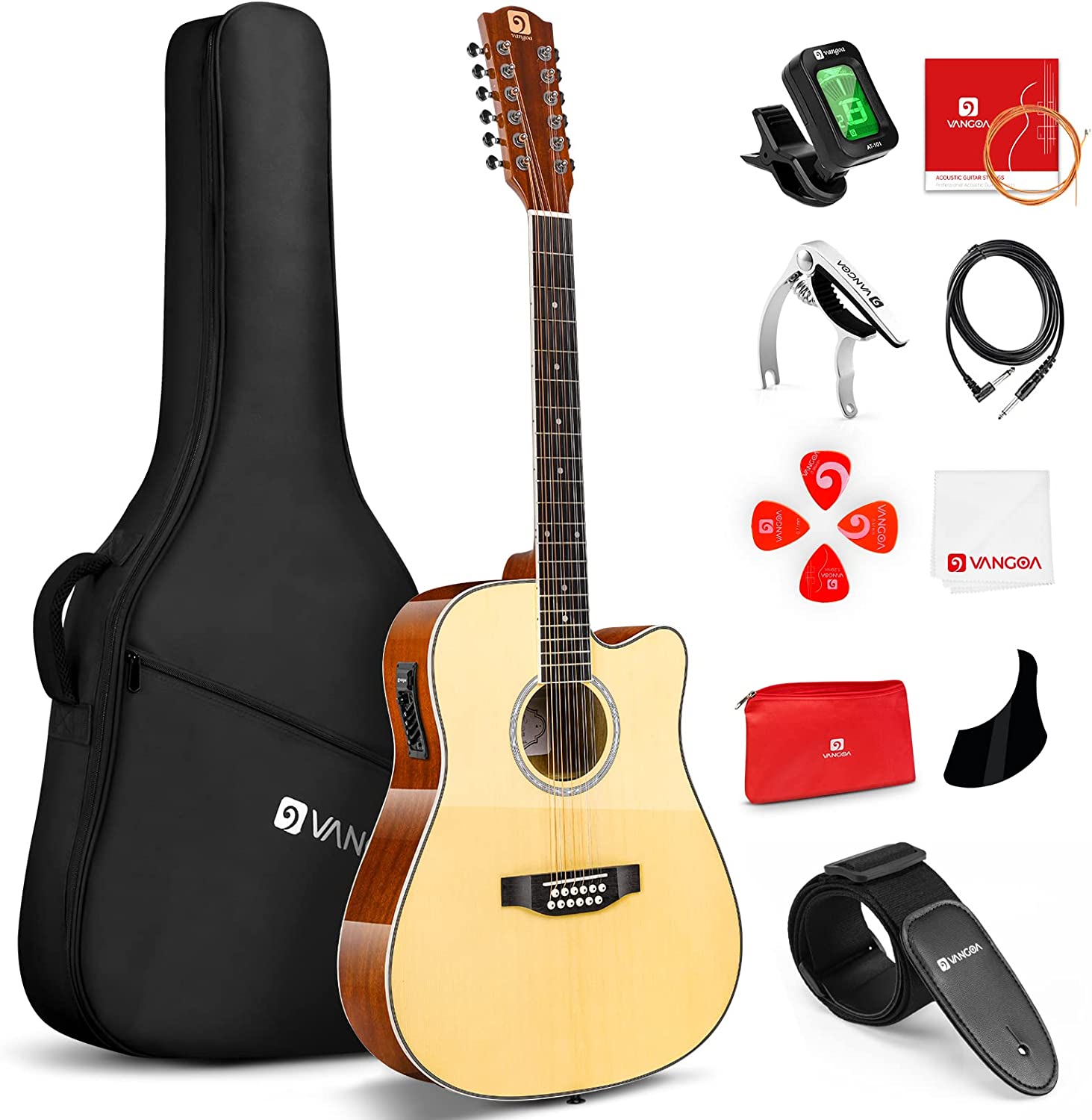 Vangoa 12 String Acoustic Electric Guitar Natural