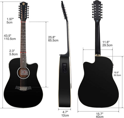 Vangoa VGE12-2 12 String Guitar, Acoustic Electric Cutaway Guitar, Black