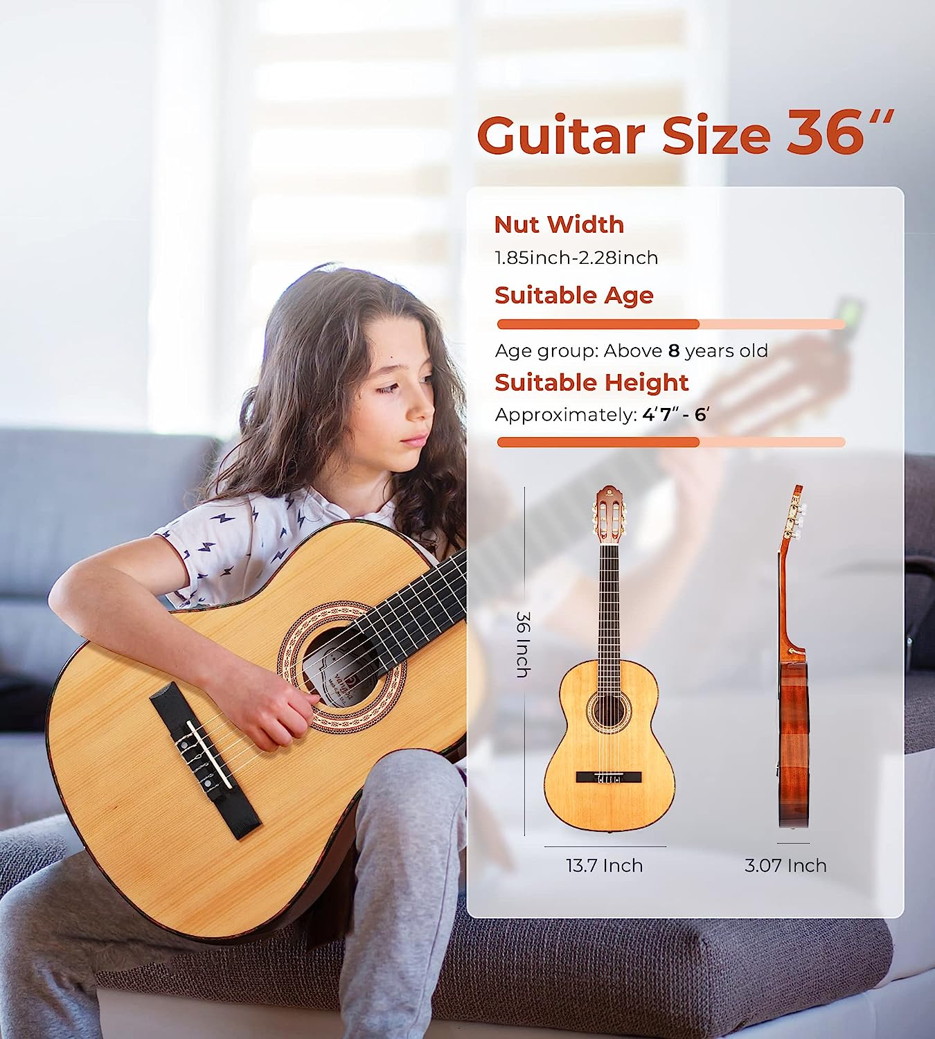 Classical Guitar 36" 3/4 Spanish Style Classical Guitarra, 36 Inch Nylon Strings Guitar Ideal for Beginner Teens Adults, Natural Spruce