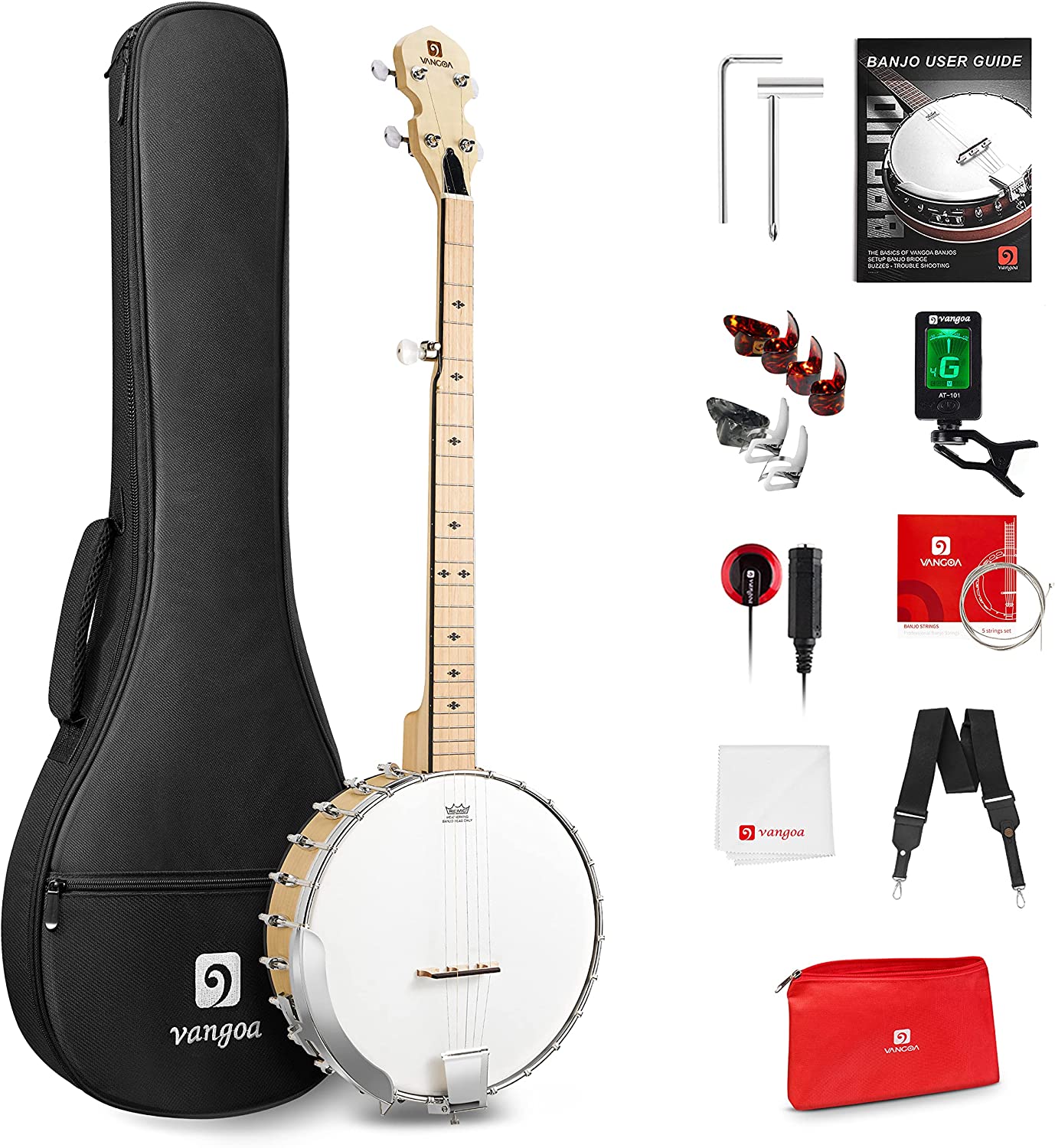 Vangoa Open Back Banjo 5 String Full size with Frosted Remo Head
