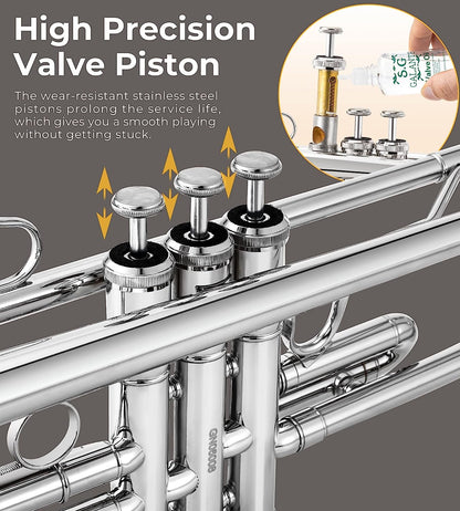 Vangoa VTB-1 Standard Bb Trumpet for Beginners with Valve Oil Silver