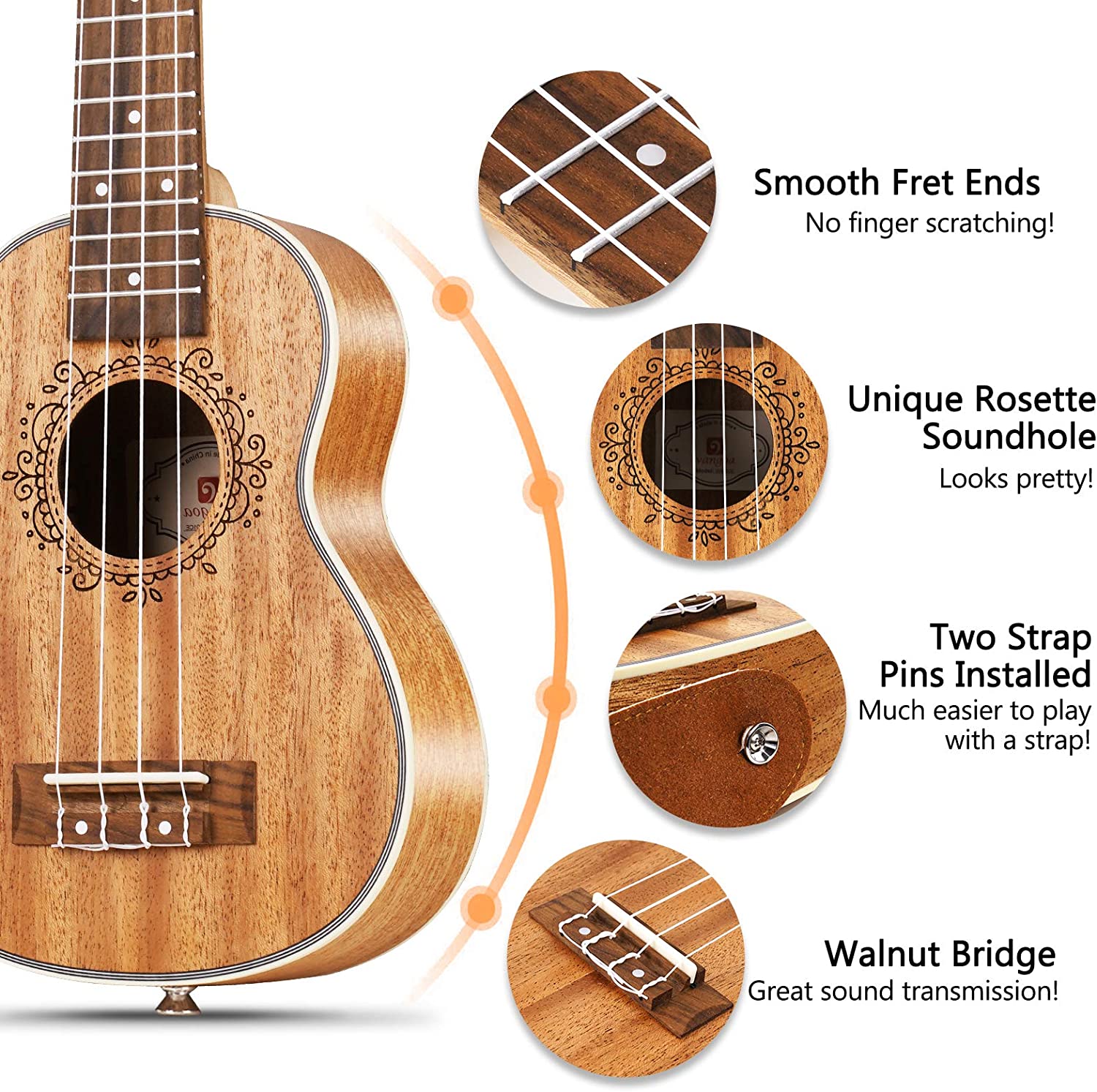 Vangoa VU401 Ukulele Soprano Mahogany 21 Inch Four String Starter Kit