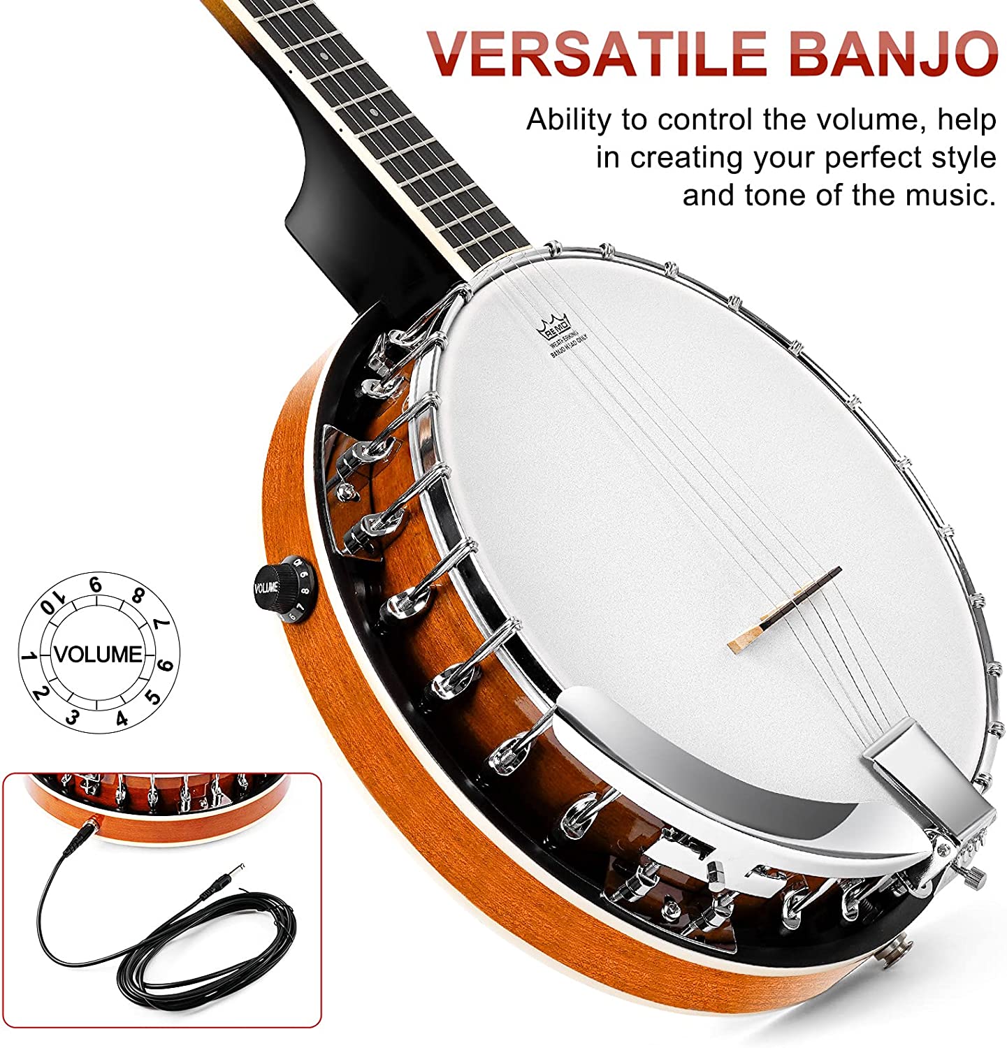 Vangoa VBJ-4E Acoustic Electric Banjo 5 String Full Size 24 Brackets with Geared 5th Pegs for Beginners Adults