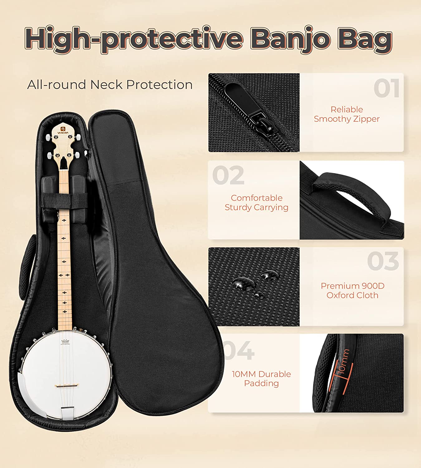 Vangoa Open Back Banjo 5 String Full size with Frosted Remo Head