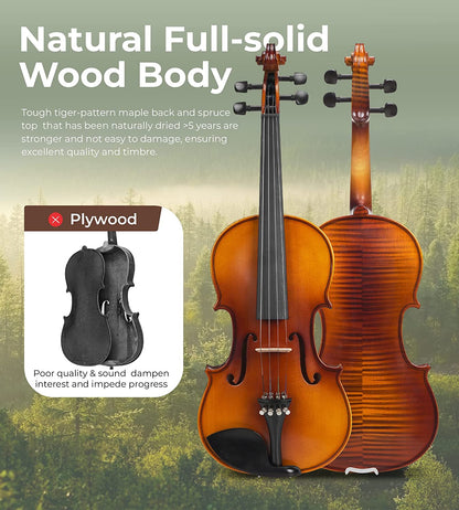 Vangoa VA200 Solid Wood Violin, 1/2 Full Size, Unique Flamed Maple Back