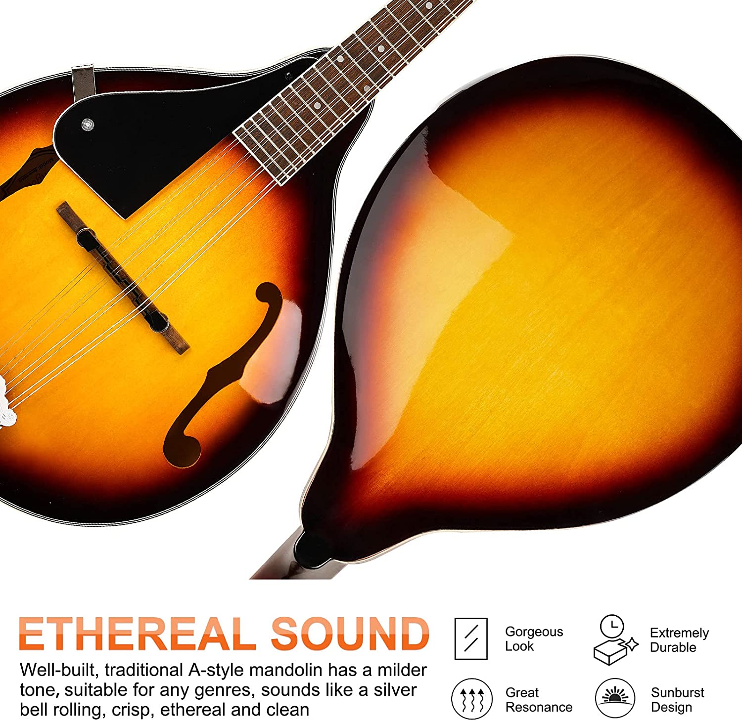 Vangoa LEFT-HANDED A Style Mandolin Musical Instrument 8 String Sunburst