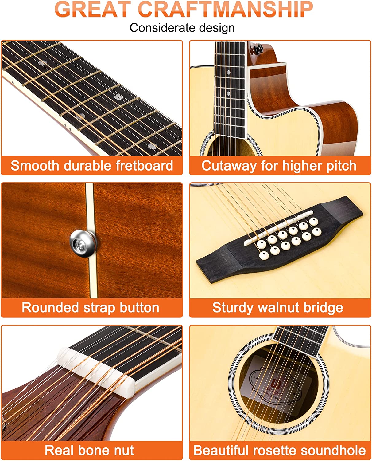 Vangoa 12 String Acoustic Electric Guitar Natural