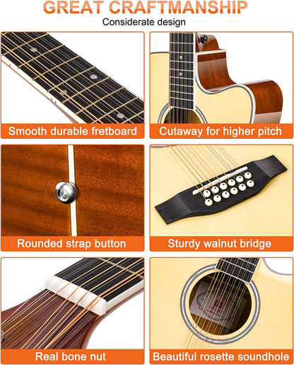 Vangoa 12 String Acoustic Electric Guitar Natural