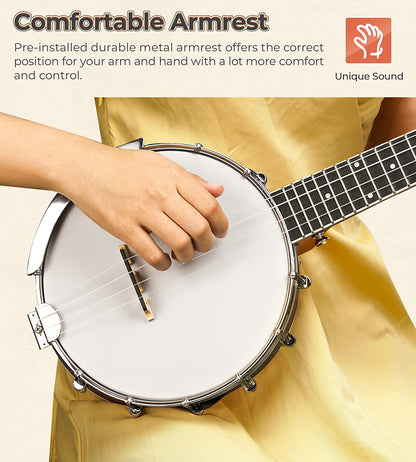 Vangoa VBU-20 Banjo Ukulele Concert 23 Inch 4 String Banjolele with Armrest