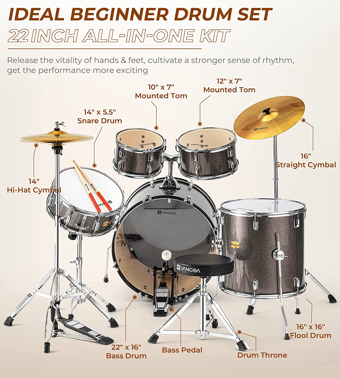 available on Amazon Vangoa Drum Set 22 Inch for Adults with Pedal Cym