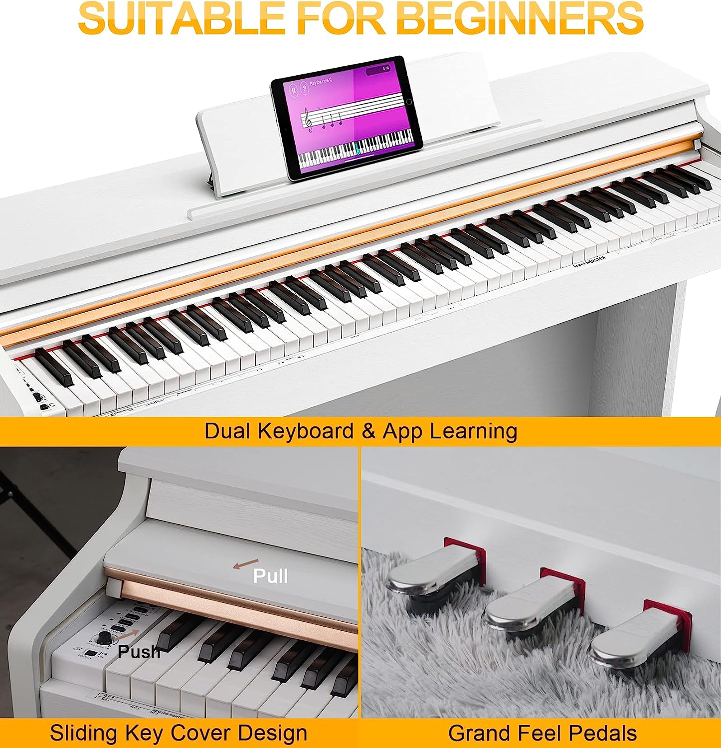 Vangoa VDP-H200 88 Key Weighted Digital Piano with Furniture Stand, Slide Key Cover White