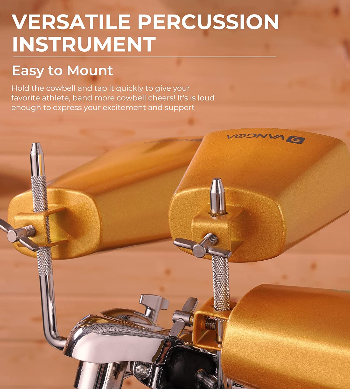 Vangoa 7 Inch Cow Bell With Mallet Beater Sticks Gold
