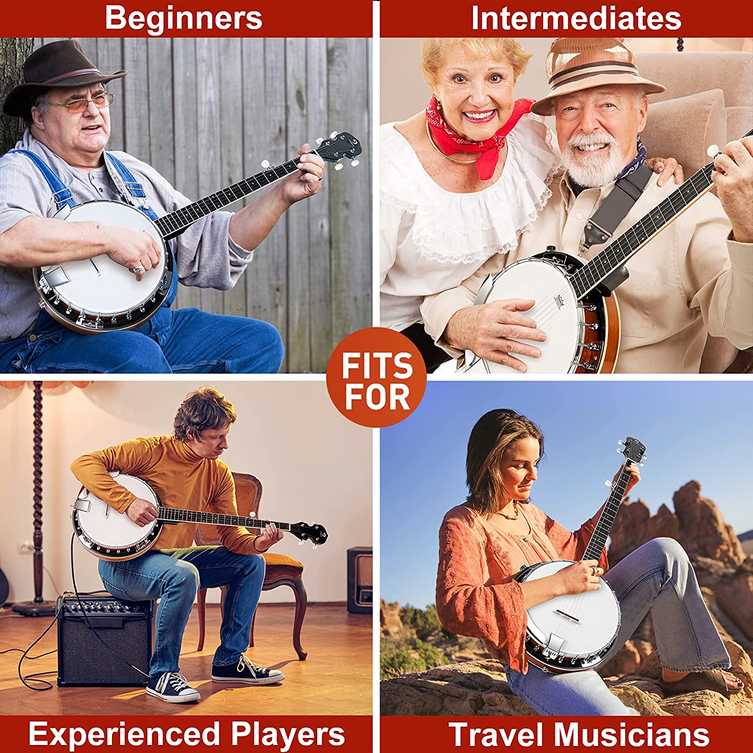 Vangoa VBJ-4E Acoustic Electric Banjo 5 String Full Size 24 Brackets with Geared 5th Pegs for Beginners Adults