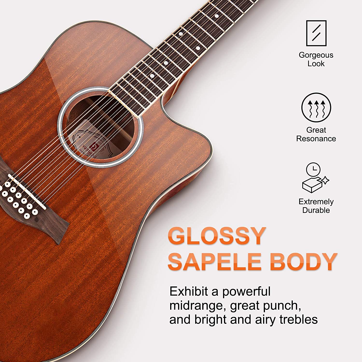 Vangoa VGE12-3 12 String Acoustic-electric Guitar Dreadnought Cutaway Sapele Body Natural Gloss