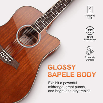 Vangoa VGE12-3 12 String Acoustic-electric Guitar Dreadnought Cutaway Sapele Body Natural Gloss